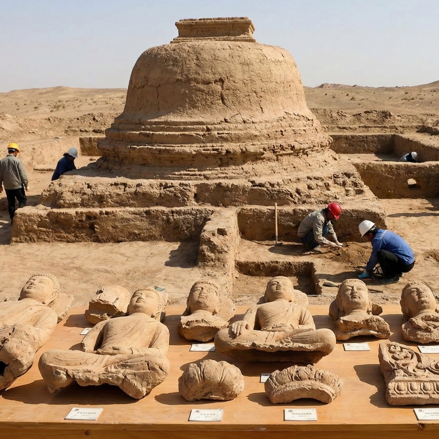 莫爾寺出土的石膏佛像殘片與唐代錢幣，展現了犍陀羅藝術與中原文化的交融。